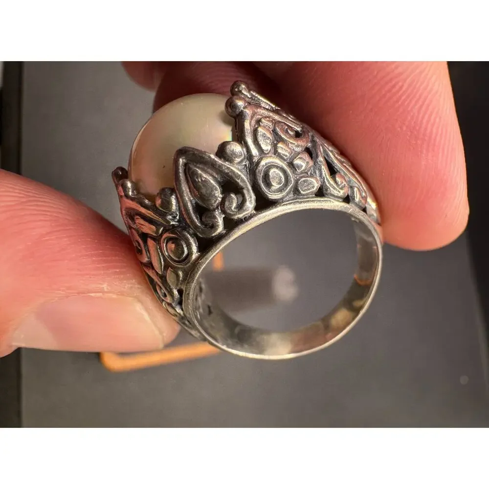 Vintage Sterling Silver 925 Mabe Pearl Statement Filigree Ring Size 10